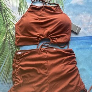 SUCREFAS Rust Ribbed Halter Bikini Set